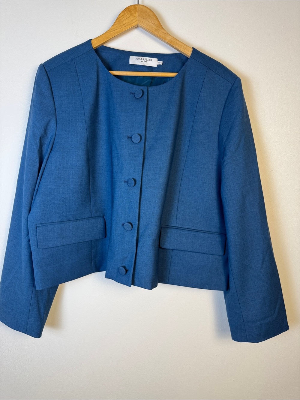 MM Lafleur Teal-Blue Cropped Button Jacket